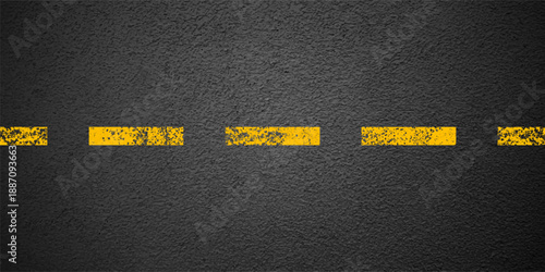 Asphalt road with yellow lane marking, concrete highway surface, texture. Street traffic line, road dividing strip. Pattern with grainy structure, grunge stone background. Vector illustration