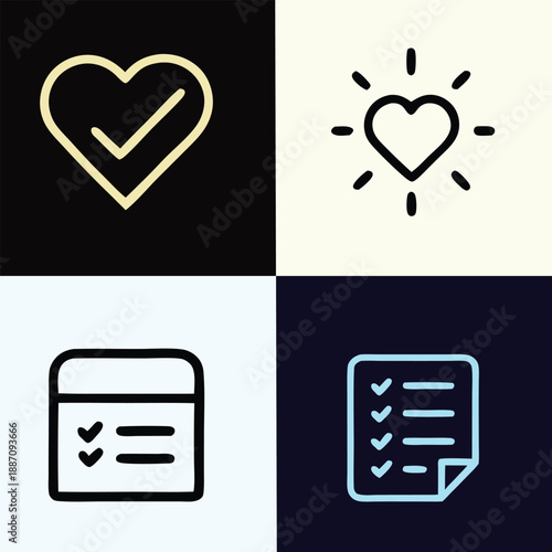 Heart Favorites and To Do List Icon Set for Task Management and Wellness App Design
