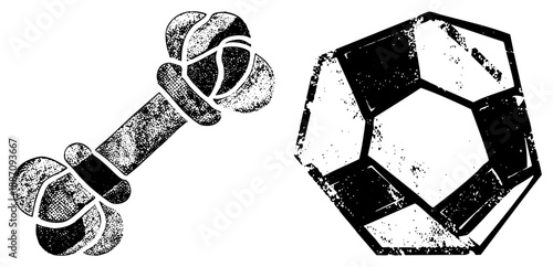 Vintage Halftone Dog Bone and Soccer Ball Vector