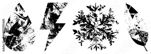 Grunge Textured Weather Symbols Raindrop, Lightning, Snowflake, Leaf