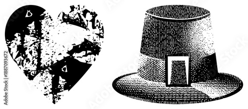 Broken Heart and Pilgrim Hat in Halftone Vector Illustration