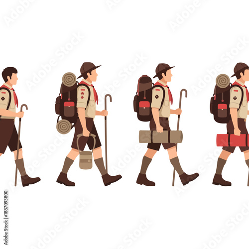Scout Boys Marching with Backpacks and Camping Gear.