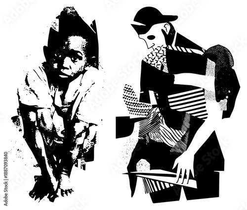 Two Stylized Black and White Silhouetted Figures with Graphic Textures