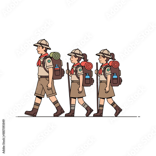 Three Scouts marching with backpacks on an outdoor adventure.