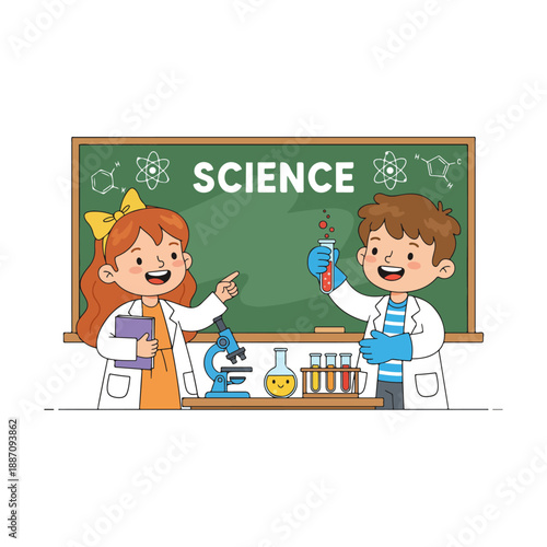 Two happy children conducting science experiments in a classroom setting.