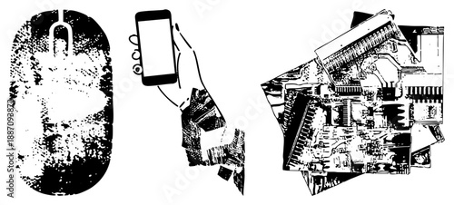 Hand Holding Smartphone, Computer Mouse, and Circuit Board Tech