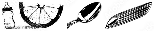 Baby Bottle, Citrus Slice, Spoon, and Pasta Illustration Set