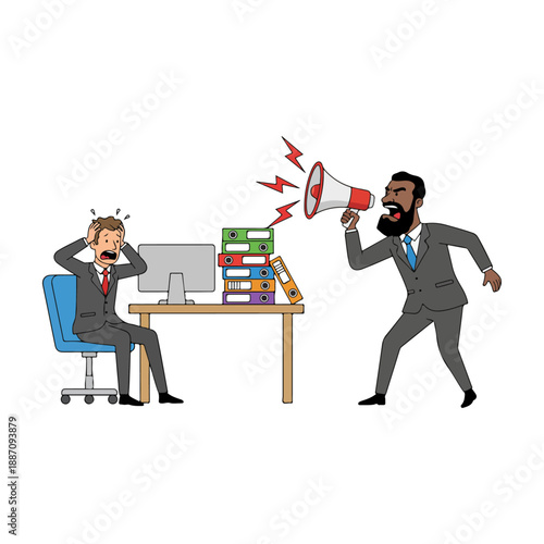 Stressed office worker being yelled at by colleague.