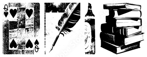 Queen of Playing Card, Quill Pen, Ink Bottle, Stack of Books Vintage Vector Set