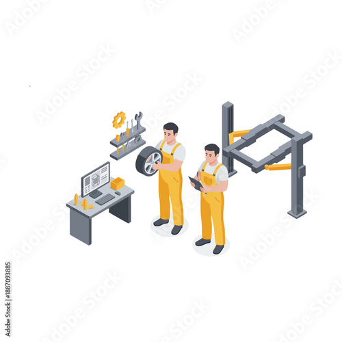 Two Mechanics Working on Car Parts.