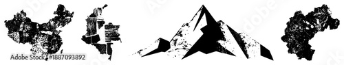 Abstract Mountain Peak and Fragmented Map Silhouettes in Grunge Style