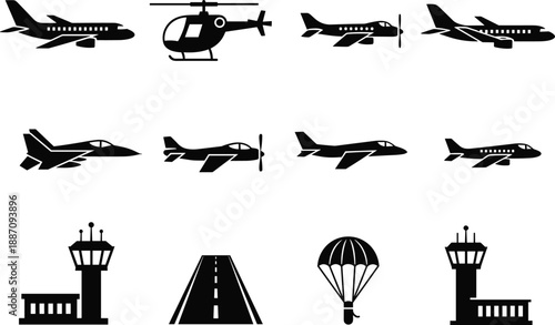 Aviation silhouette icon set, airplane helicopter jet aircraft symbols, airport control tower runway parachute icons, black vector transportation collection, aviation infographic design elements