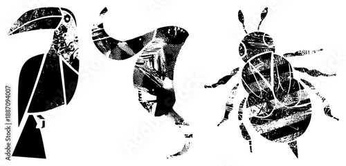 Stylized Toucan, Banana, and Bee in Grunge Halftone Vector Art