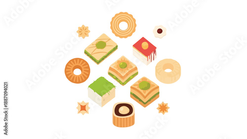 Assortment of Middle Eastern sweets and cookies scattered pastries baklava