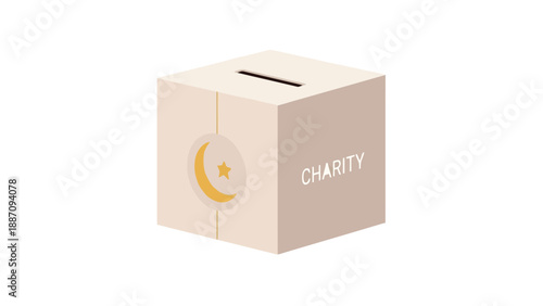 Beige charity box with crescent moon star and text 