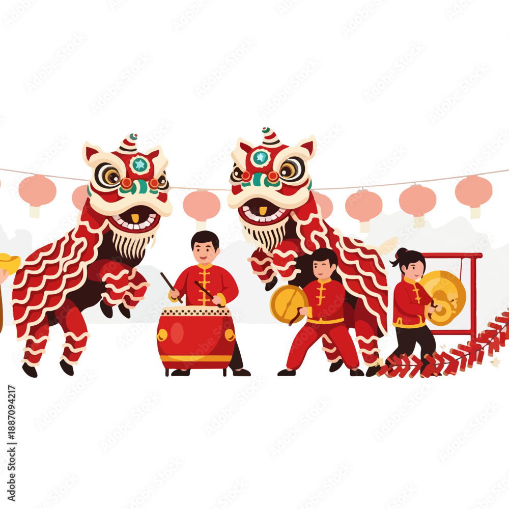Naklejka premium Chinese Lion Dance Performance with Drummers and Gongs.