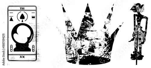 Three Black and White Silhouetted Cultural Symbols Tarot Card, Crown, Wayang Puppet