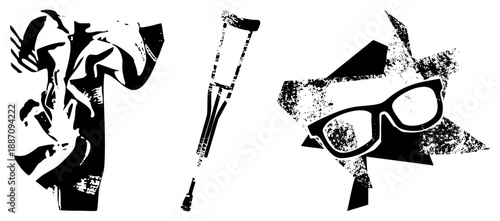 Bold Black and White Silhouettes of Crutches, Glasses, and Abstract Human Form