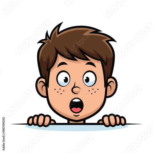Surprised young boy peeking over edge with wide eyes and open mouth