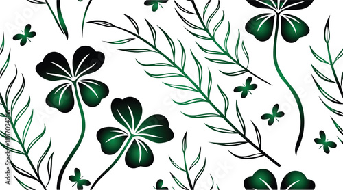 Seamless pattern featuring vibrant green lucky fourleaf clovers and delicate fern fronds with small butterfly shapes scattered across a white background