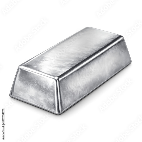 Realistic silver bullion bar isolated on transparent background. Photorealistic silver ingot with smooth reflective metallic surface and no inscriptions. Concept of investment, finance, precious metal