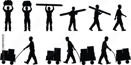 Manual labor worker silhouette set, construction carrying materials icons, industrial loading transport symbols, black vector workforce collection, logistics labor infographic design elements
