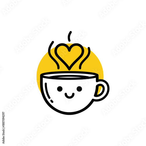 Cute Coffee Cup with Heart Steam and Happy Face.
