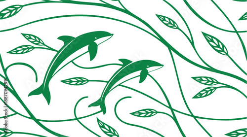 Two stylized green dolphins swimming gracefully amidst flowing green vines and delicate leaves forming a seamless pattern