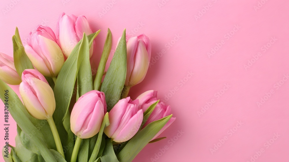 Fototapeta premium Colorful Spring Tulip Bouquet on Pink Background. Spring, Mothers Day, Birthday, or Valentines Day Greeting Card Concept. Colorful tulip bouquet wrapped on pink background