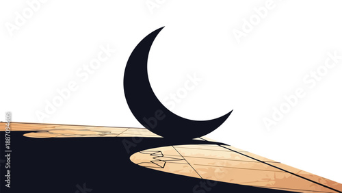 Dark crescent moon shape resting on a textured surface casting a shadow 