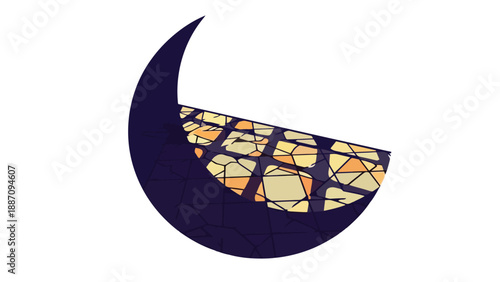 Dark crescent moon shape with a stained glass pattern inside 