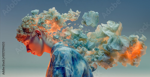 Expressive human portrait with abstract flowing elements representing emotions, transformation, inner energy, and mental states.