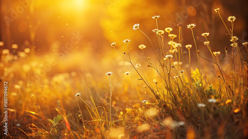 A serene field of wildflowers basking in the warm golden light of sunset