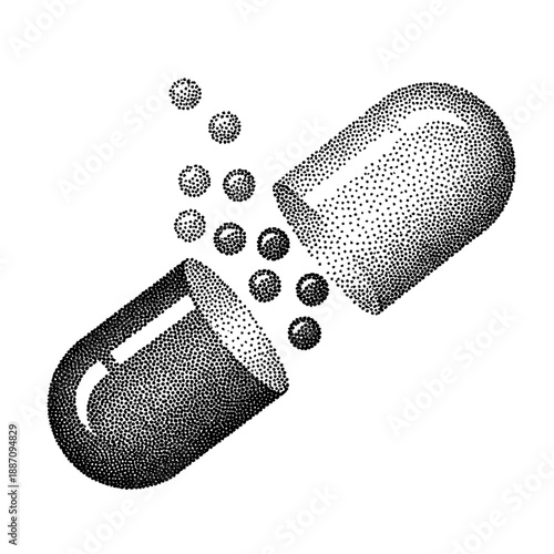 capsule split open, medication illustration in retro halftone stippling style