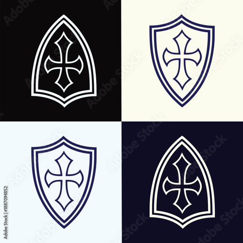 Medieval Heraldic Shield with Cross Logo Icons Set - Royal Security and Protection Symbols
