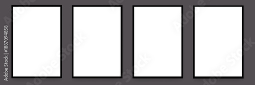 Set of 4 blank white poster mockups with black frames on dark grey background, realistic vertical frames for art and photography presentation. Vector blank poster collection