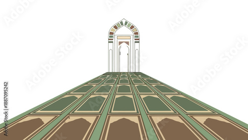 Green Islamic Prayer Rugs Leading to an Archway on White Background Muslim religion