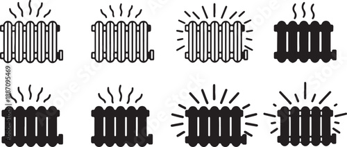 Heating radiator vector icon set with line art and solid styles for home comfort, energy efficiency and warmth concept eps