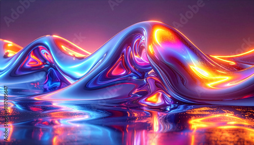 Abstract vibrant glowing waves of iridescent liquid metal with neon reflections and sparkles