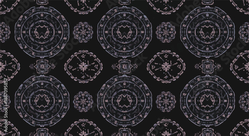 Intricate pattern featuring mandalas and floral designs on a dark background from a top-down viewpoint showcasing ornate details