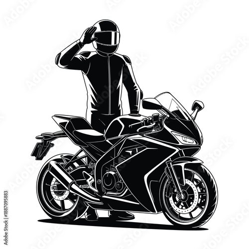Motorcycle rider saluting a black and white vector illustration