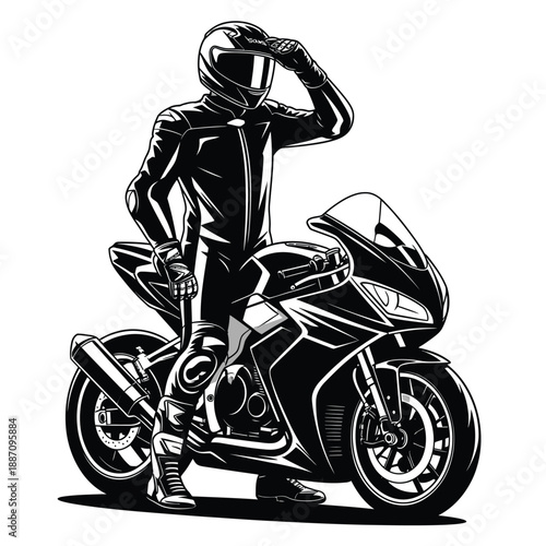 Motorcycle rider in full gear and sport bike illustration