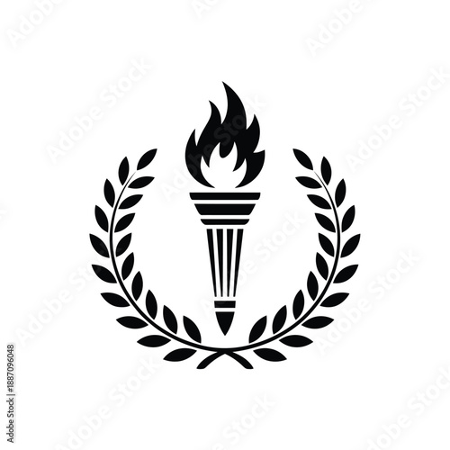 A black and white emblem depicting a torch within a laurel wreath