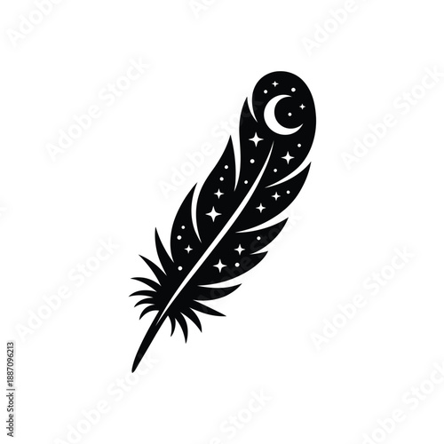 A black feather design incorporating a crescent moon and tiny stars