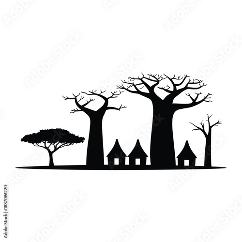Silhouette of baobab trees traditional houses and african landscape