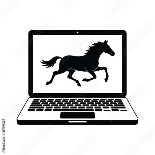 A digital horse emerges from a laptop screen in black and white