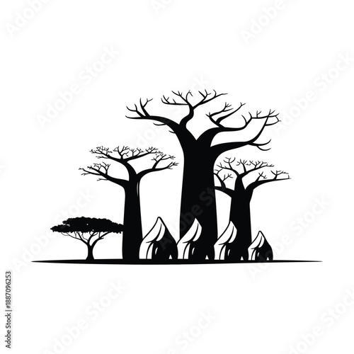 Silhouette of baobab trees and small huts against a white background