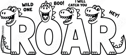 Cartoon Dinosaurs Forming the Word Roar with Speech Bubbles