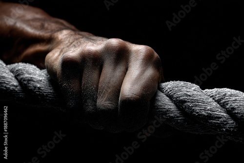 Close-up of chalked hands gripping a thick battle rope, tension visible in veins, black background, sharp directional light, high contrast, sleek athletic aesthetic