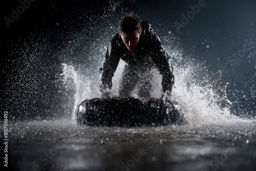Athlete pulling a heavy sled through shallow water, splashes frozen mid-air, low angle camera, dramatic sports lighting, dark neutral palette